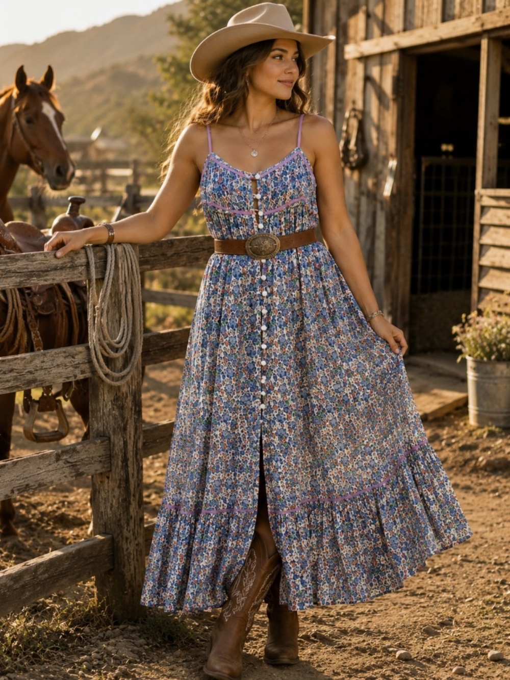 Free People maxi dress M baby doll bodice tiered smocked ribbon cowgirl boho - Picture 2 of 16